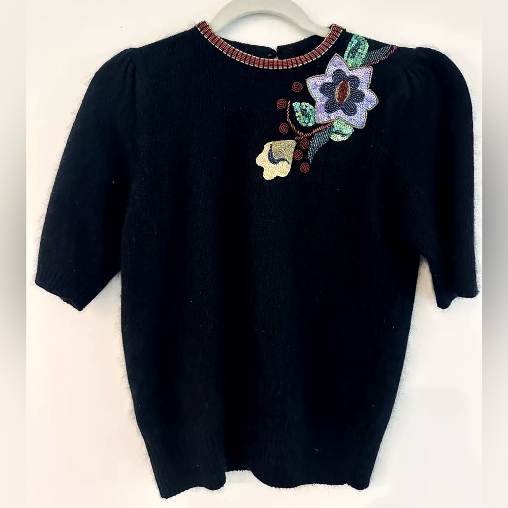 Vintage IB Diffusion Silk Angora Nylon Black Sequin Sweater. Sz M